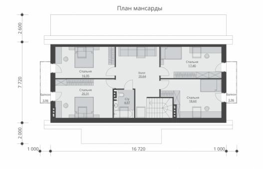 Одноэтажный дом на две семьи с мансардой, террассами и балконами